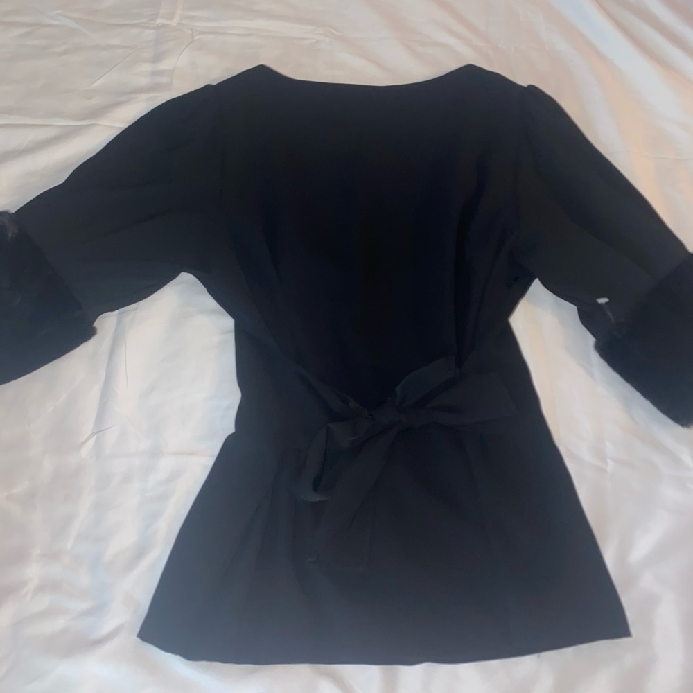 Zara Black Shirt with Tie and Faux Fur Cuffs / Sleeves